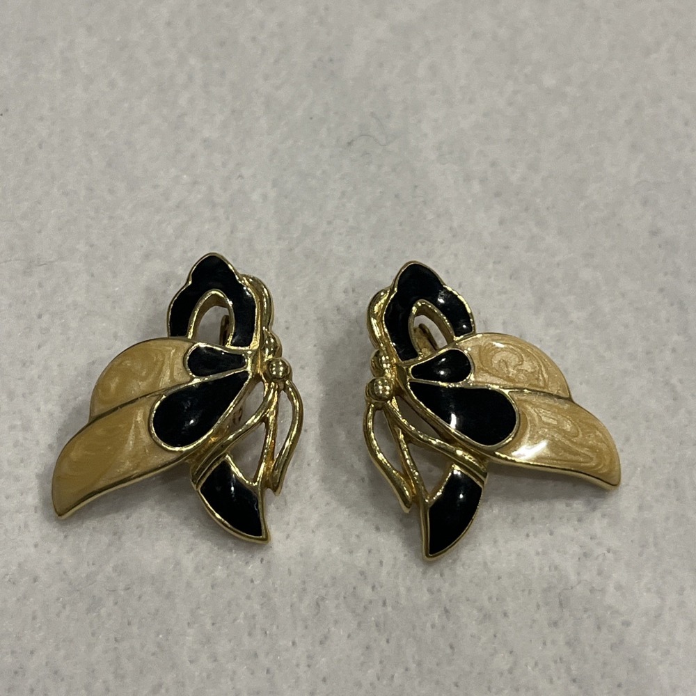 Vintage Signed Trifari Black Yellow Cream Enamel Butterfly Clip On Earrings 80s